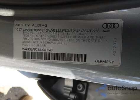 2018 Audi A6 2.0T Premium z USA, uszkodzony, nr VIN WAUG8AFC1JN048946